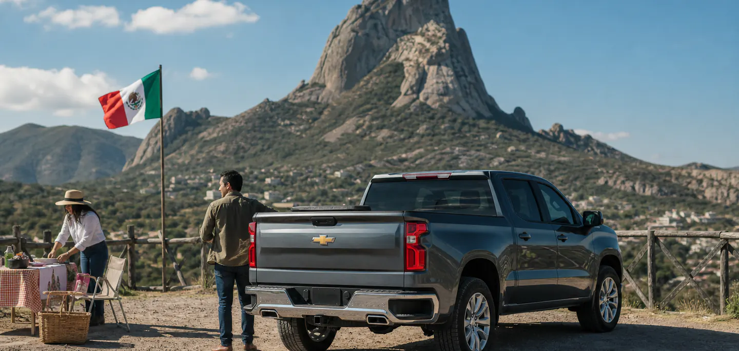 Camioneta Chevrolet con bandera de México frente a Peña de Bernal en septiembre